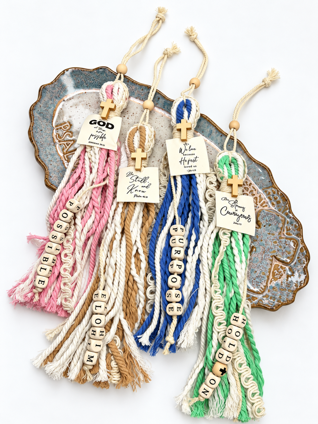 Yarn tassel bookmarks with wooden crosses and scripture tabs